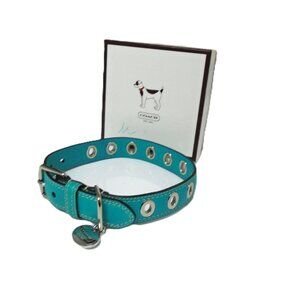 NEW COACH TURQUOISE LEATHER ISILVER GROMMETS PET DOG COLLAR 60112 SIZE MEDIUM